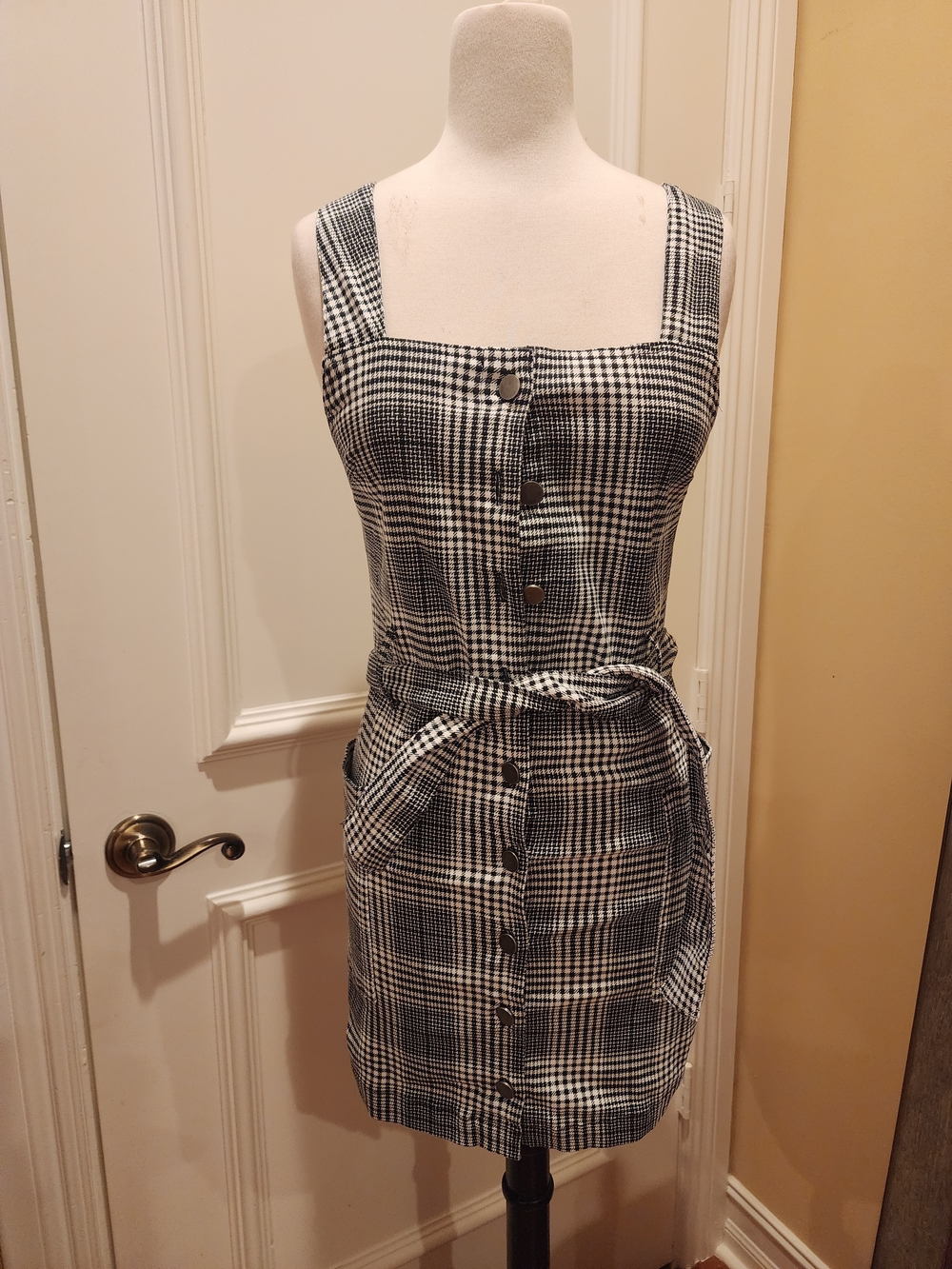 Tinseltown Black and White Plaid Button-Front Mini Dress with Waist Tie